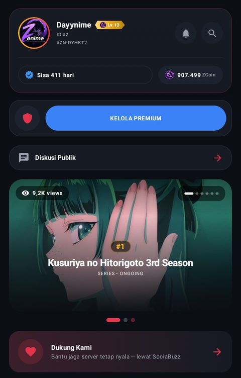 Beranda aplikasi Zenime dengan akun premium, ZCoin, dan banner anime